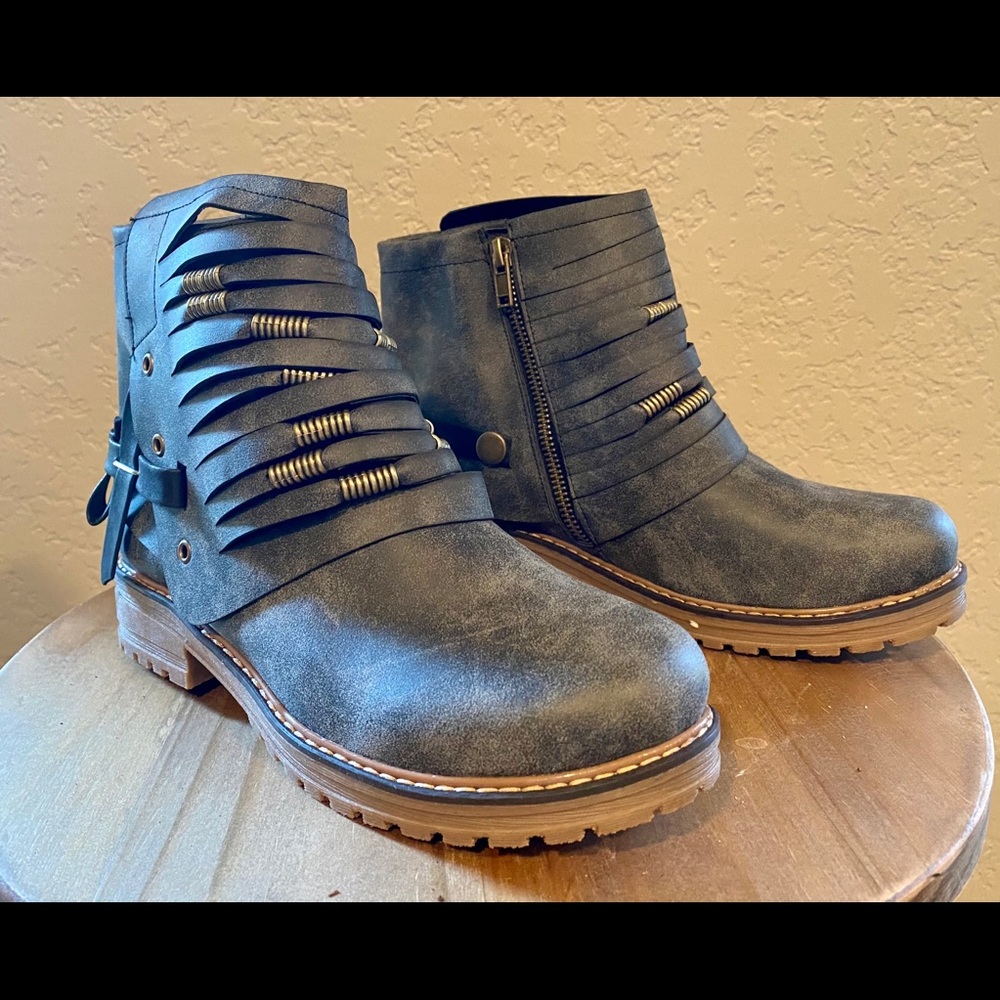 Faux Leather Strappy Ankle Boots